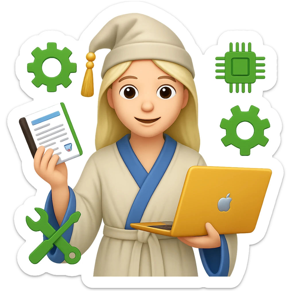 Create an emoji style image of a wizard in a white cloak, holding a resume and a laptop, surrounded by engineering icons. The engineering icons should be green in color. The style should reflect the look of apple style emojis with concise details and vibrant colors. sticker