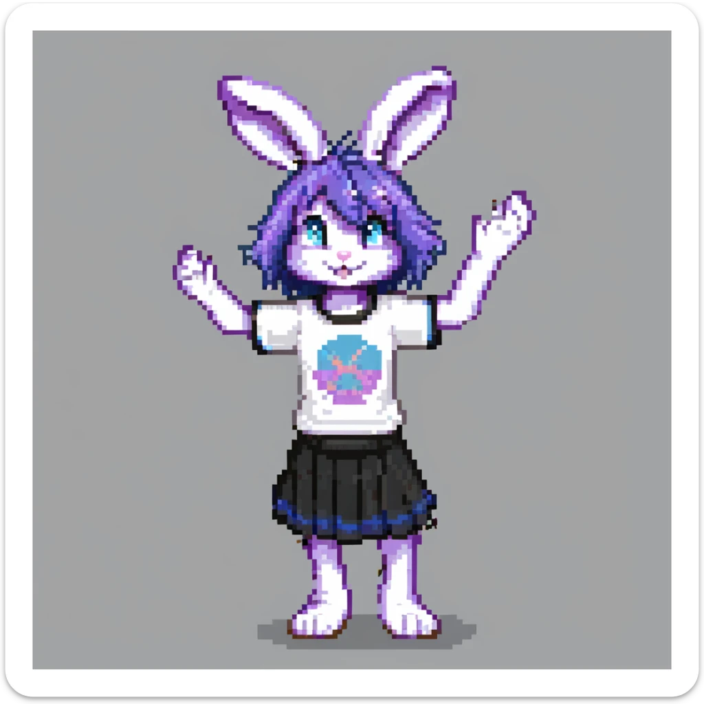 furry anthro male bunny with purple hair, blue eyes, purple and white fur, t-shirt and skirt, pixel art style, waving sticker
