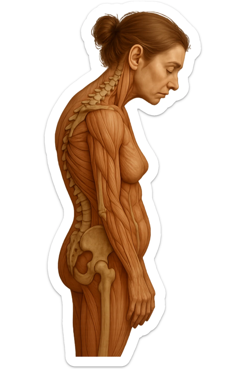 donna di profilo con spina dorsale in evidenza, postura storta, spalle chiuse in avanti, iperrealistica 4k sticker