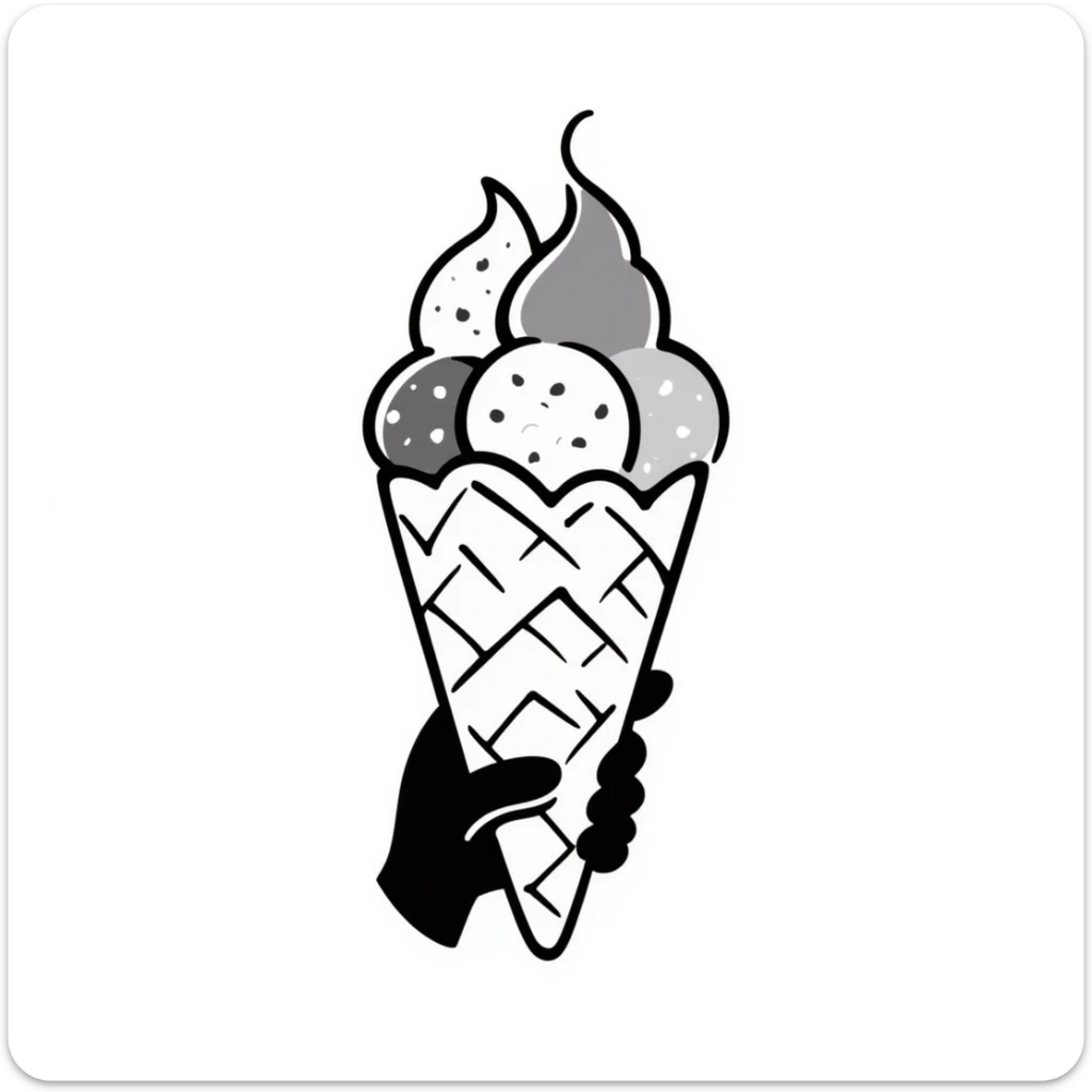 An ice cream cone with scoops of ice cream in pastel colors (dd9fb0, ffc6d3, a3bfc9, c4bee2, f1b091), hand-drawn doodle style sticker