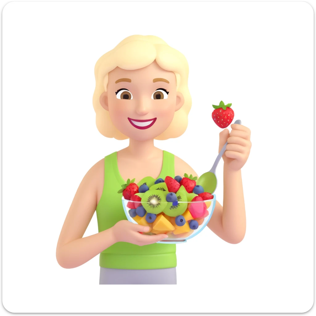 A cheerful person holding a glass bowl of colorful fruit salad with vibrant pieces of strawberries, kiwis, and blueberries visible. The person is wearing a casual, light-colored tank top and has a friendly, bright smile as they prepare to take a bite with a spoon. sticker