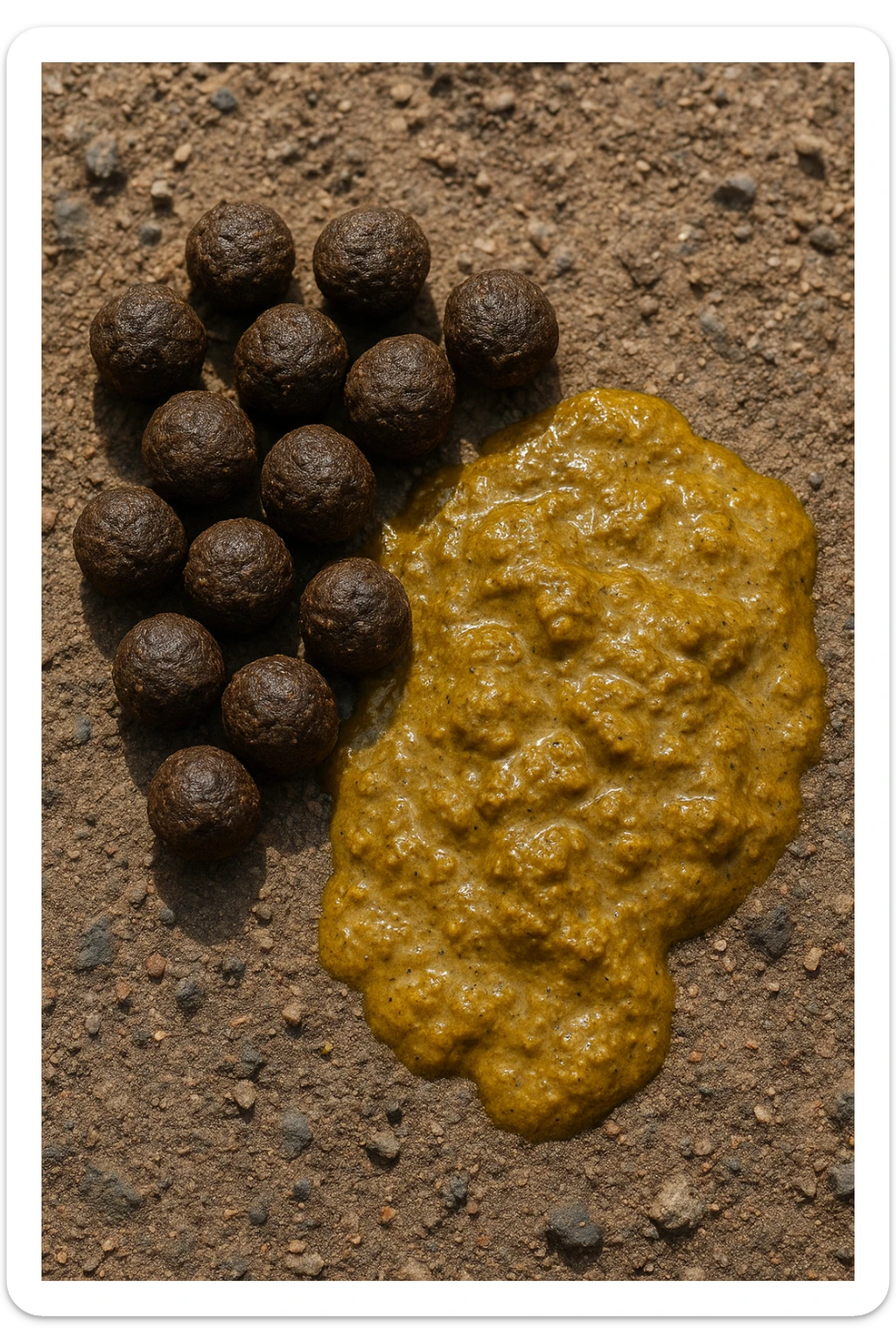 feci di animale a palline viste dall'alto e feci di animale liquide e gialline viste dall'alto, iperrealistico 4k sticker