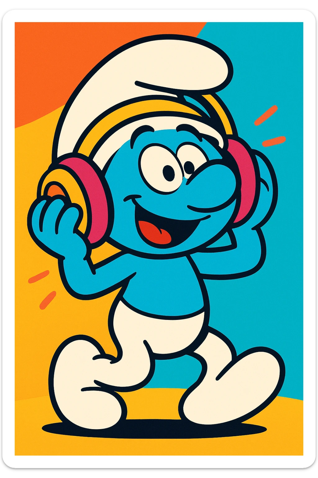 a smurf wearing headphones, fun and playful style, vibrant colors sticker