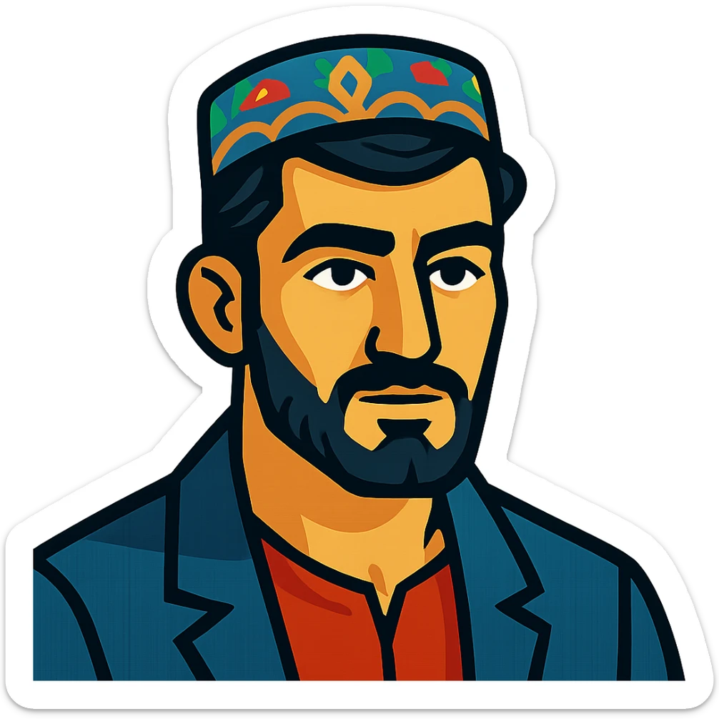 A Tajik man with masculine features, expressive eyes, thick eyebrows, dark hair, and light-olive skin, neatly kept facial hair sticker