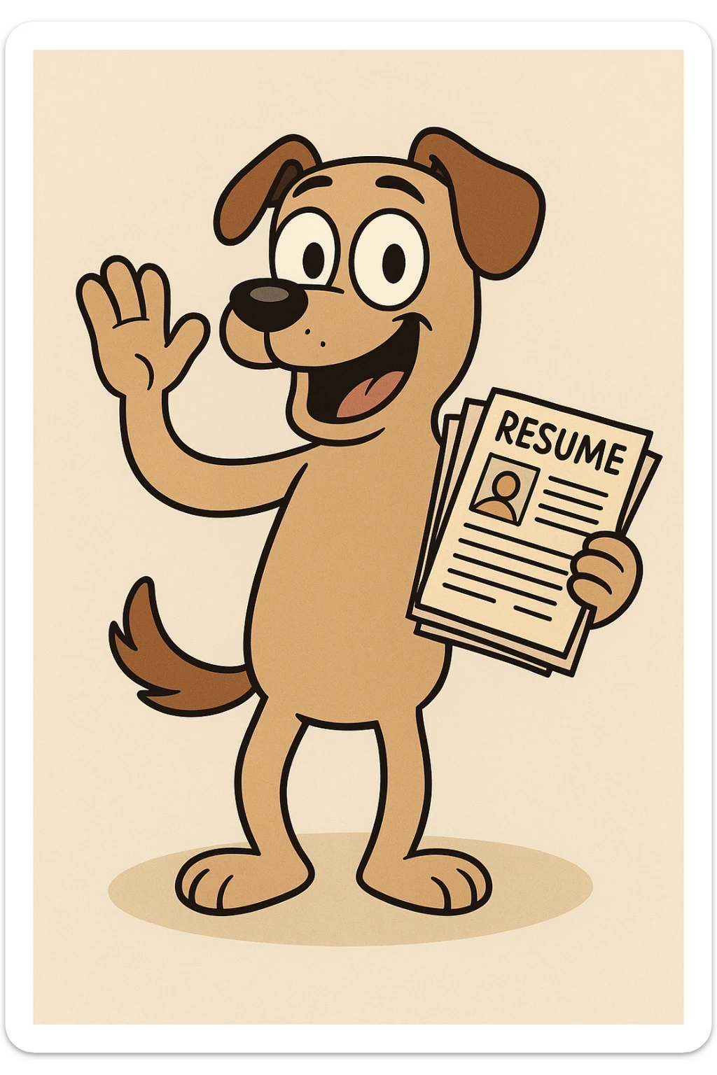cheerful cartoon dog standing on two legs, holding a stack of resumes in one paw and waving with the other, big eyes, happy expression, classic cartoon style sticker