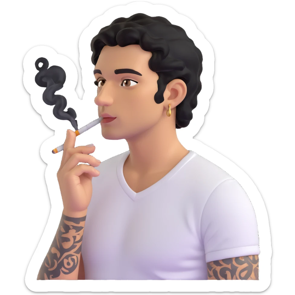 Italian man with tanned skin, curly black hair in short bob style, stubble, olive eyes, gold earring in left ear, white t-shirt, black tattoo on forearm, smoking cigarette sticker