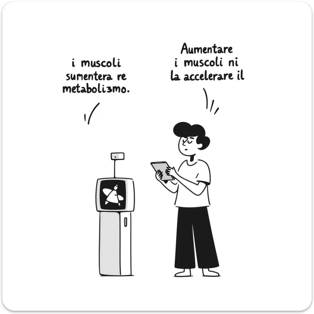 Uomo che guarda video di allenamento muscolare sul tablet, appare insicuro e poco motivato, testo in italiano: “Aumentare i muscoli per accelerare il metabolismo”. sticker