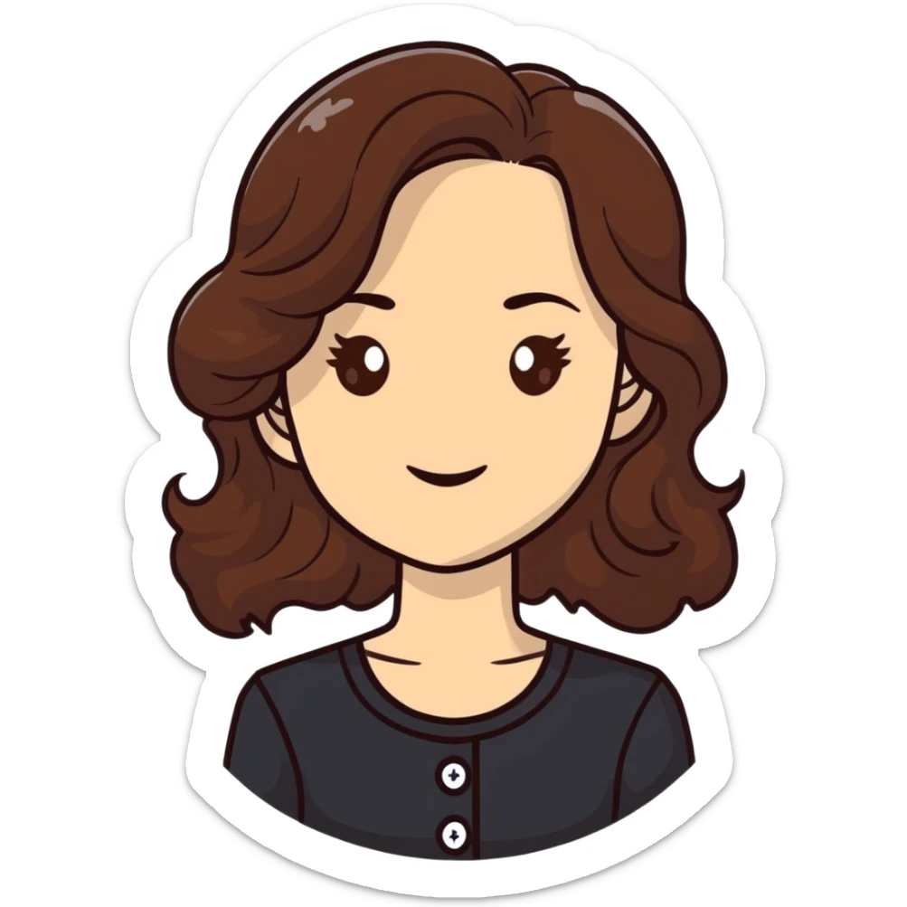 27 year old Caucasian woman with fair skin, brown eyes, long wavy dark brown hair, wearing a black top with a button sticker