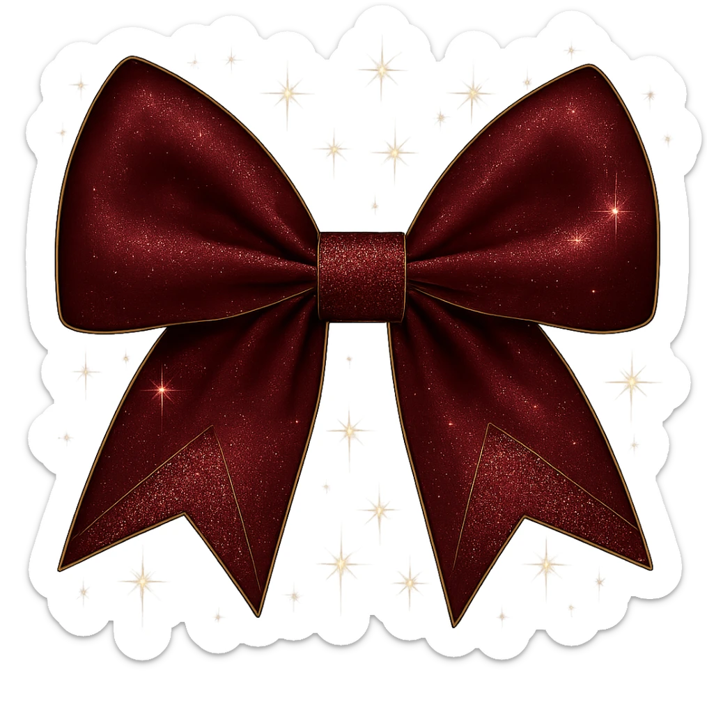 Change the sparkly pink bow with extra glitter, stars, and gold outline to a burgundy color, keeping the gold outline and stars intact. The background should be transparent. sticker