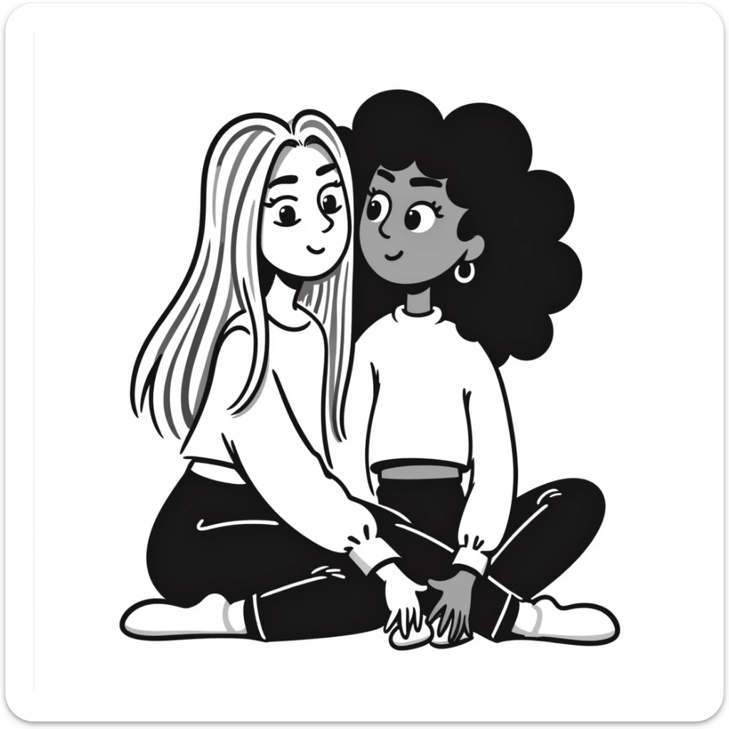 Full body of two teenage girls sitting together as friends, one white with straight blonde hair and one brown-skinned with curly black hair, both with heavy makeup, big lips, tight crop tops, hoop earrings, choni style urban clothing sticker