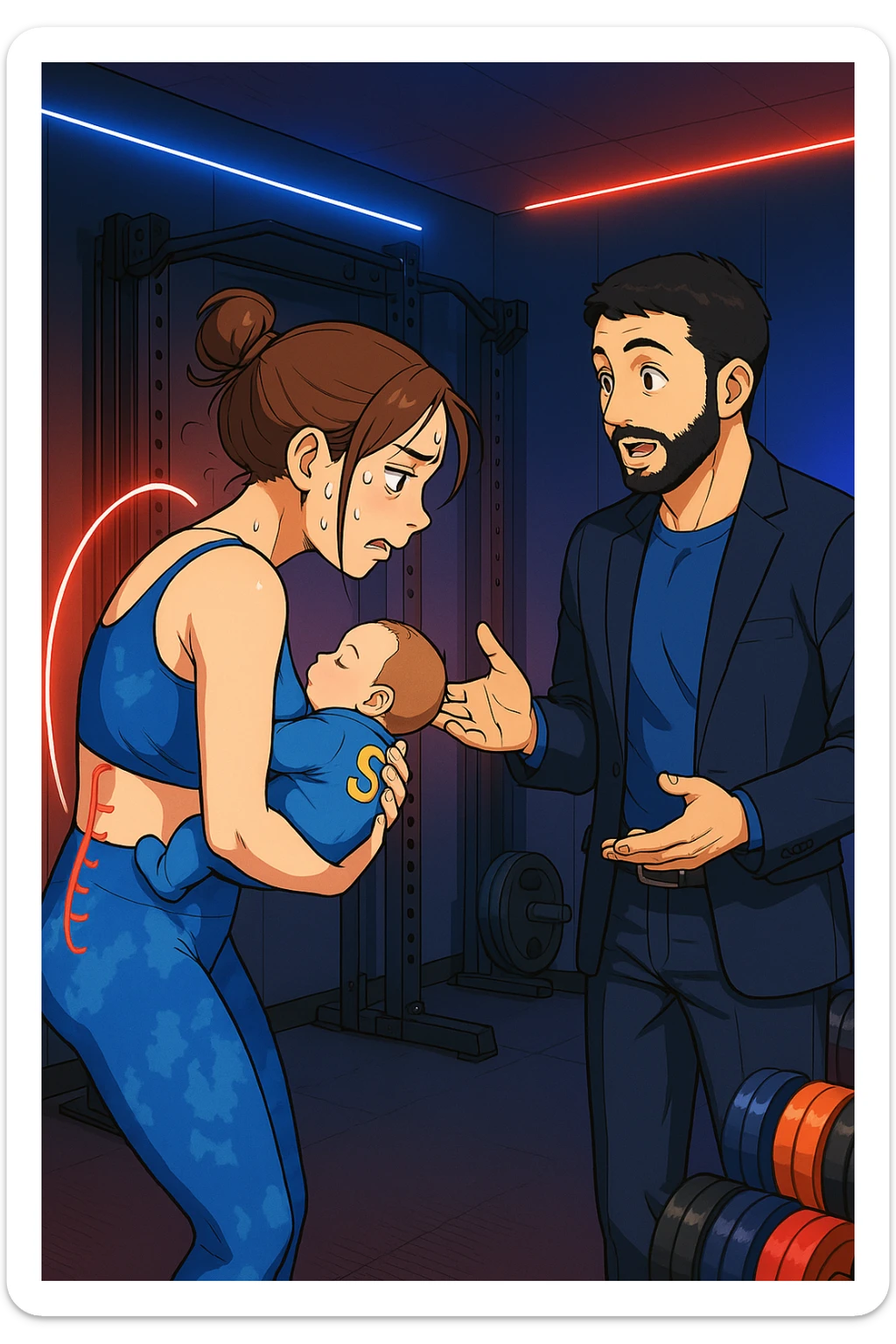 ispirati a questo stile di disegno e fai questa immagine in versione manga/webtoon a colori, il manga mostra la donna preoccupata di profilo con la postura sbagliata e incurvata, spalle chiuse e curve in avanti, con un neonato in braccio con una tutina azzurra e la scritta "S" sulla schiena, spina dorsale storta della donna in evidenza mentre ascolta l'uomo mentre l'uomo gli sta spiegando una cosa, ma non fare i fumetti, fai come se stessero parlando sticker