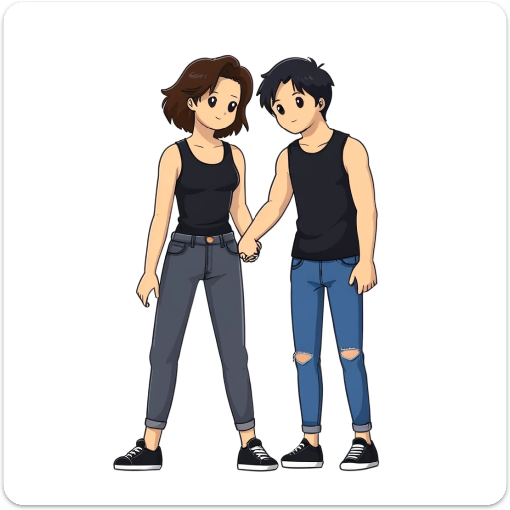 A girl with long brown hair holding the hand of a boy with short black hair, she wearing a black tank top with flared blue jeans, he wearing a black t-shirt with grey jeans, couple in love sticker