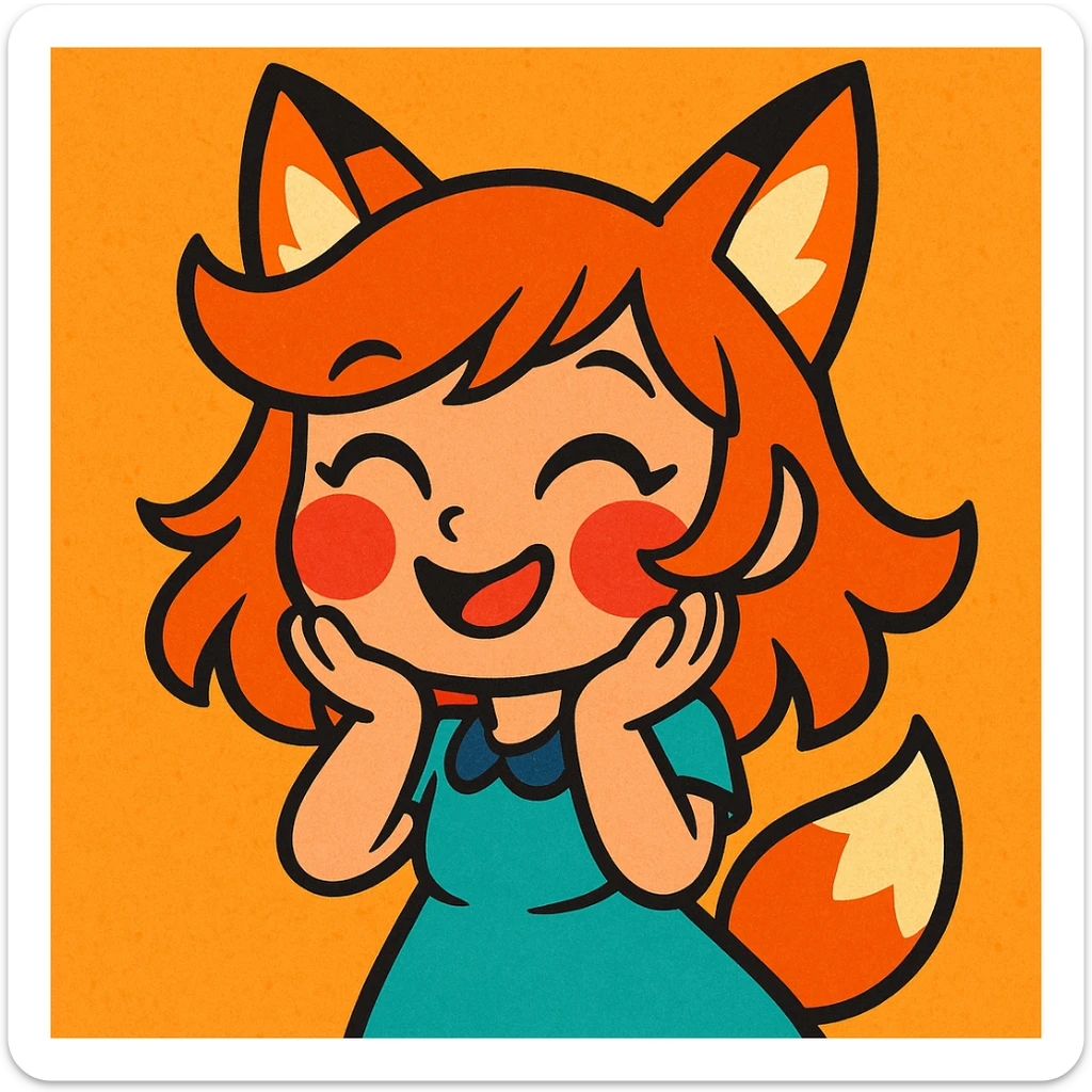 a cute girl with fox ears and ginger hair, blushing, in a vibrant cartoon style sticker
