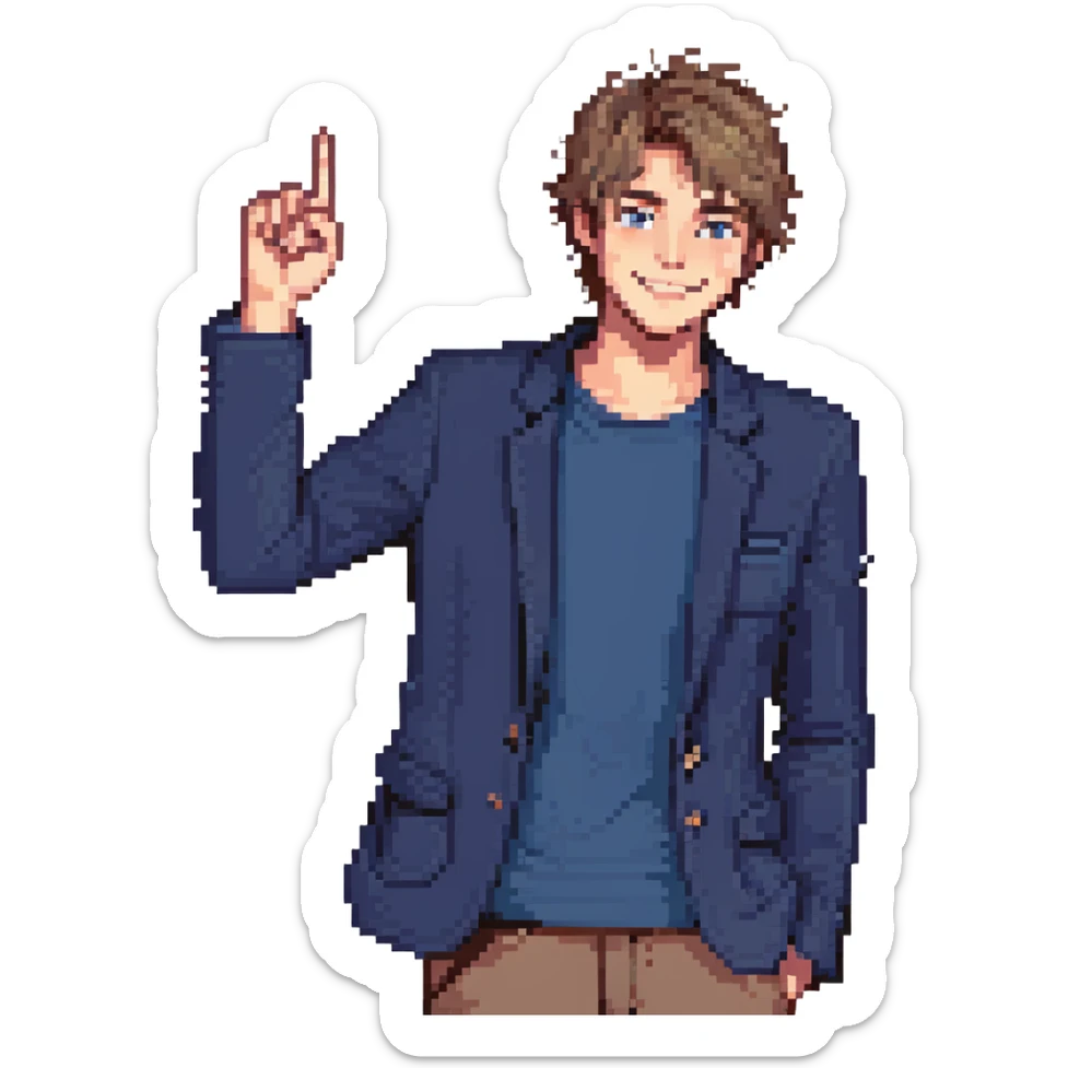 Flat pixel are, lively and clever male debater, fair skin, short messy light brown hair, sharp eyes with a mischievous smile, wearing indigo blazer over a casual t-shirt, one hand raised mid-gesture, waist-up, front-facing sticker