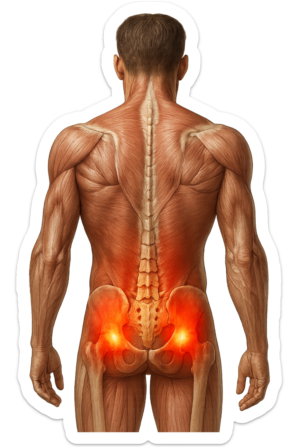 CORPO UMANO ANATOMICO REALISTICO DI SPALLE CON DOLORE ALLA LOMBARE INFIAMMATA, DOLORE ALL'ANCA, IPERREALISTICO 4K sticker