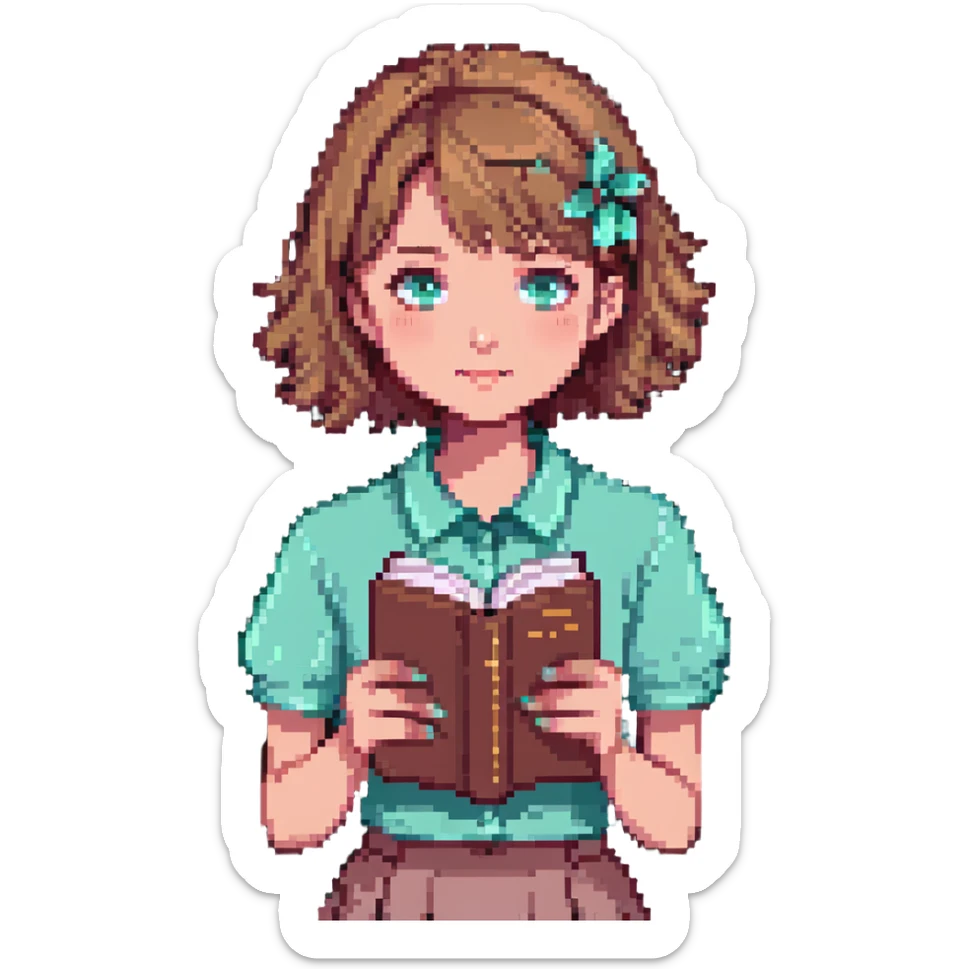 A girl with short light brown hair holding a pink book, wearing a mint shirt sticker