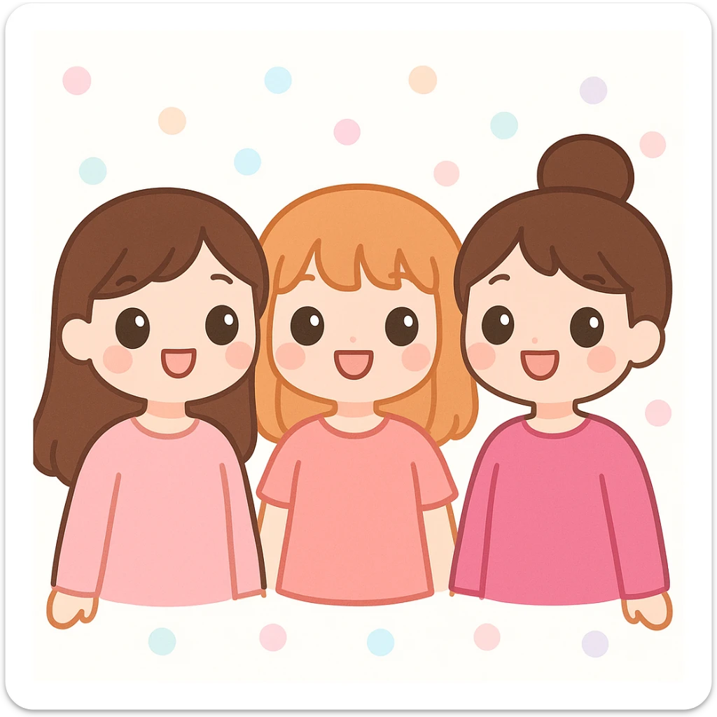 three girl best friends, cute cartoon style, top half of their bodies, different shades of pink clothing, smiling, happy vibe sticker