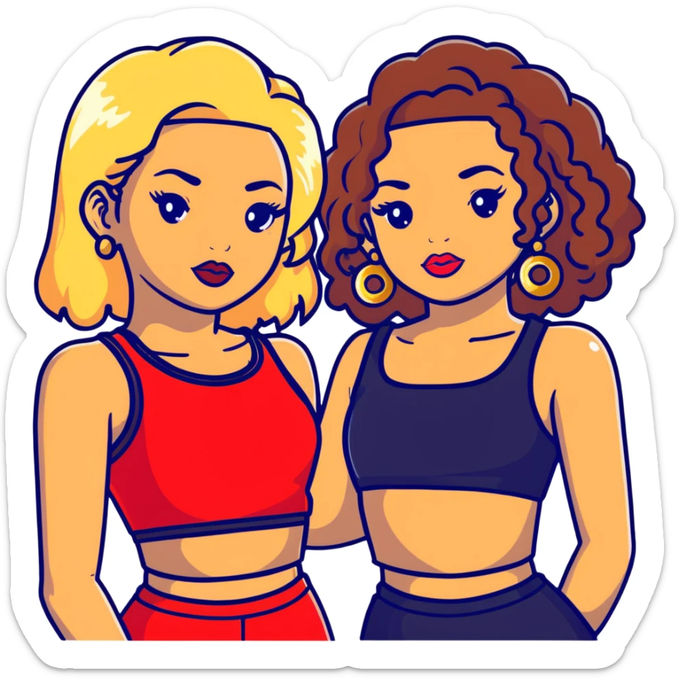 Two teenage girls together, one white with straight blonde hair and one brown-skinned with curly dark hair, both with heavy makeup, big lips, crop tops, gold jewelry and flashy choni style outfits sticker