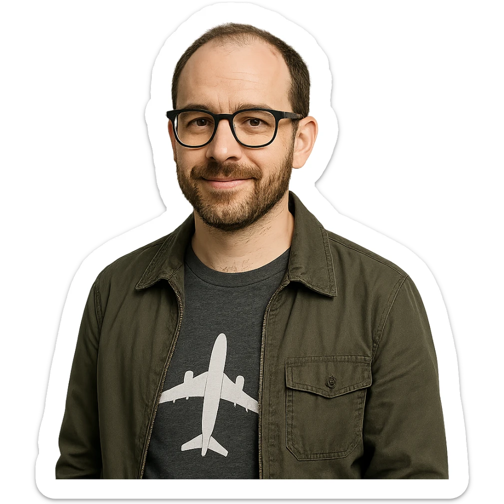aviation geek short-bearded man, brown hair, slightly balding, close trimmed beard, unique style sticker