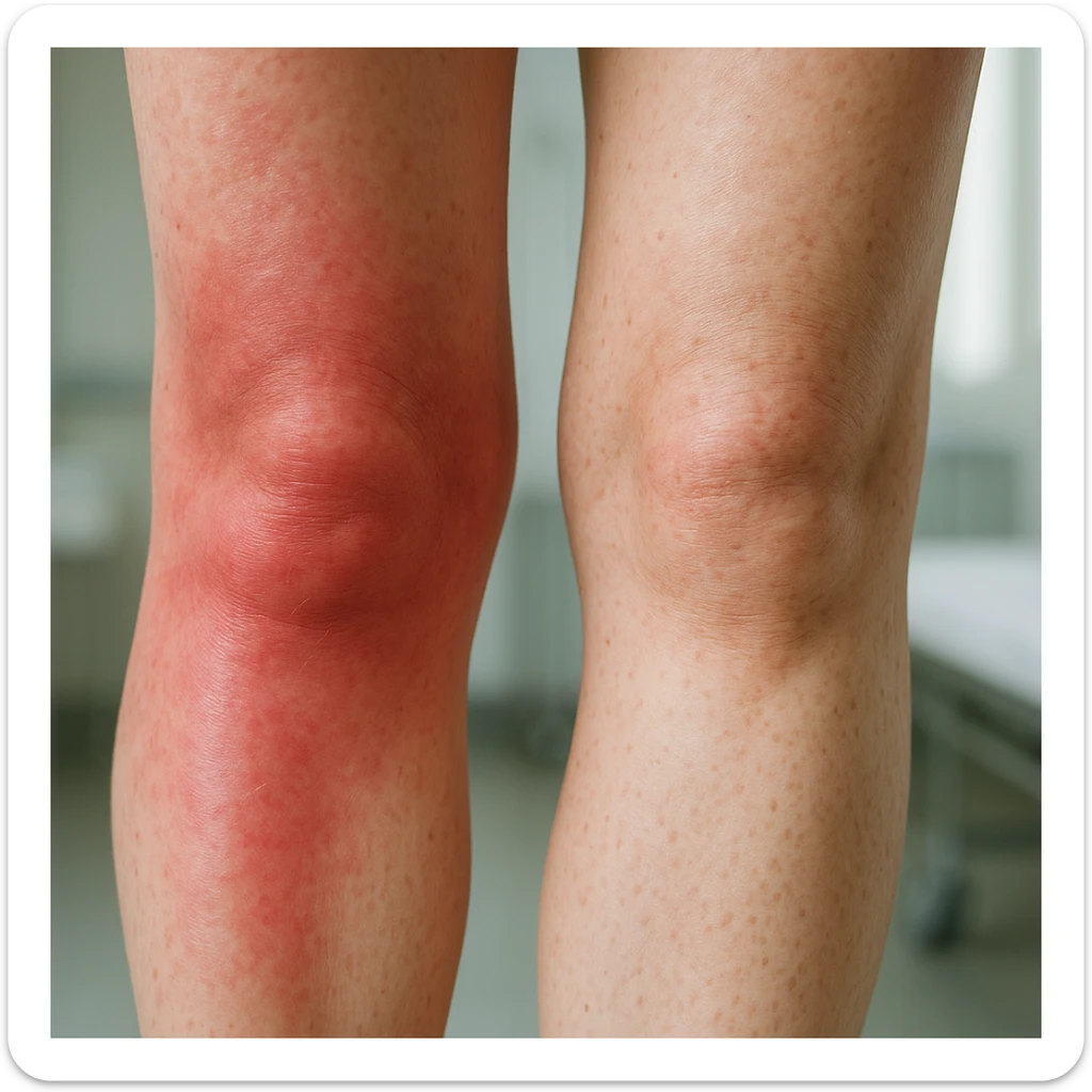 Hyperrealistic human legs in the phase of disinflamation, skin with redness and swelling decreasing, areas gradually transitioning from red to normal, clinical atmosphere, natural light, 4K details. Variant 4, focus on transition areas. sticker