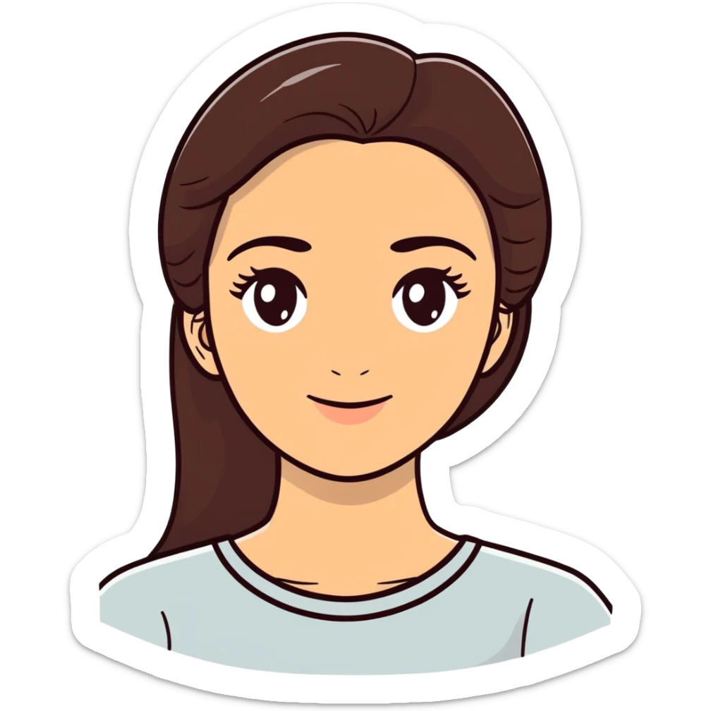 young woman with long dark brown hair, oval face, warm skin, thick eyebrows, large brown eyes, gentle smile, surrounded by palm trees, pineapples, oranges, lush green leaves, tropical botanical illustration, vibrant colors, sticker-like white outline sticker