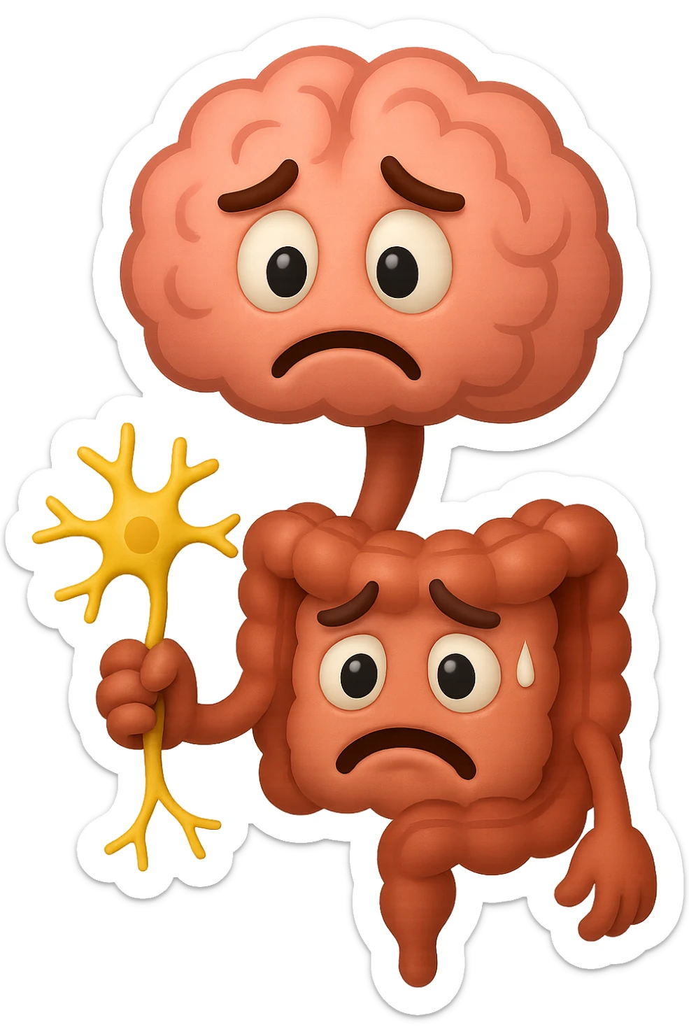 EMOJI STILE IPHONE DI UN INTESTINO collegato verticalmente ad un cervello mentre tiene in mano un neurone, espressione stressata, IPERREALISTICO 4K sticker