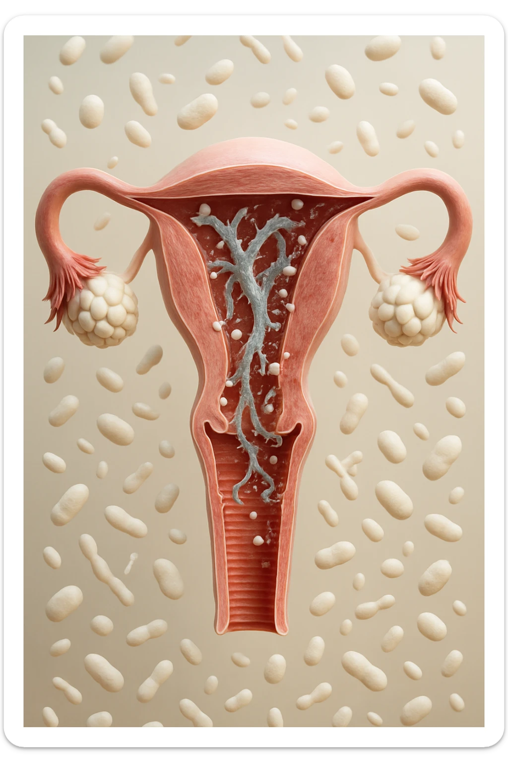 utero umano realistico con batteri della candida intorno, la foto si deve vedere per intero in formato verticale, sfondo neutro chiaro, iperrealistico 4k sticker