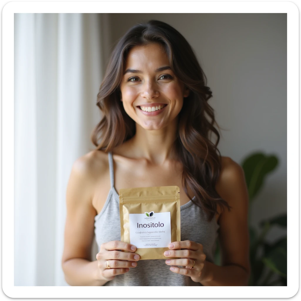 realistic photograph of a smiling woman holding a package with the word 'Inositolo' clearly visible, natural and healthy appearance, bright home environment, natural light, no evident signs of PCOS sticker
