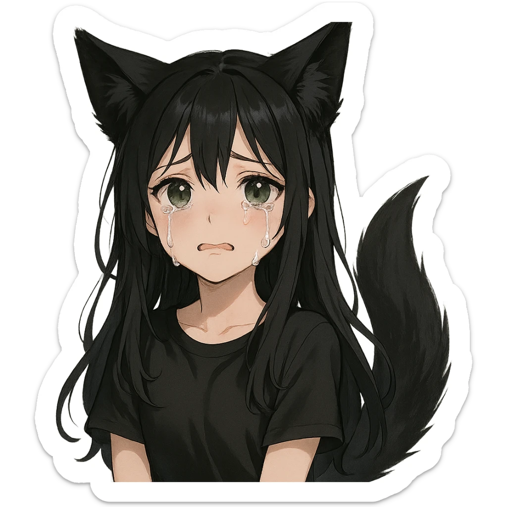 A girl with tears, black fox ears, and a tail, green eyes, dark hair sticker