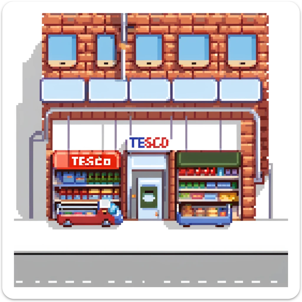 Isometric view of a British supermarket building with red brick facade, Tesco-style signage, shopping trolleys, and small parking area with double-decker bus visible sticker