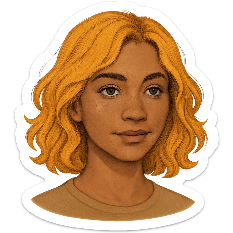 human girl head, medium tanned skin, wavy shoulder-length orangish yellow hair, style 4 sticker