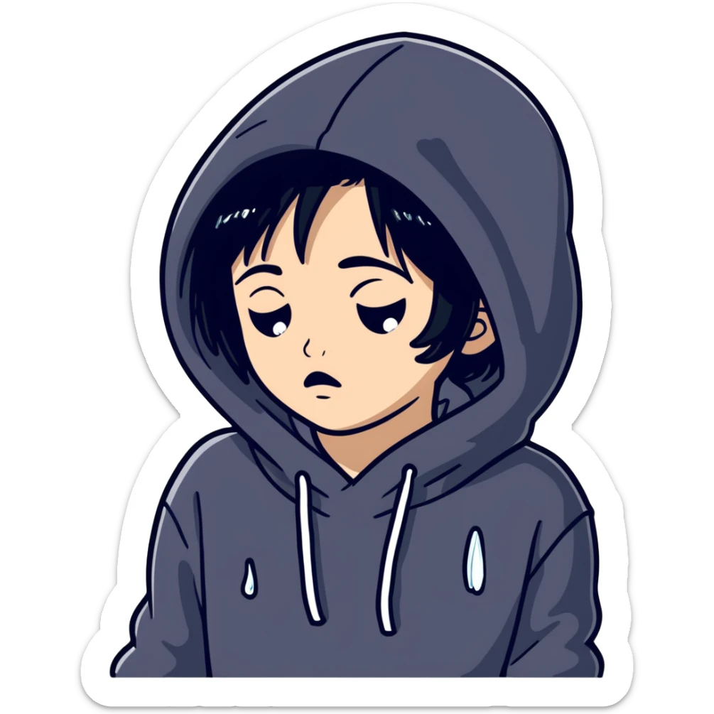 girl with black hair in black hoodie with tears streaming down her face sticker