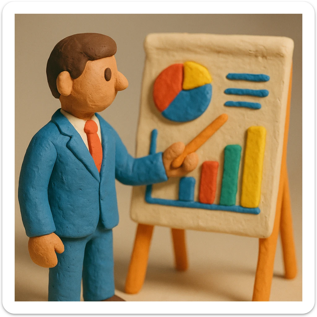 business research claymation style with businessperson and charts sticker