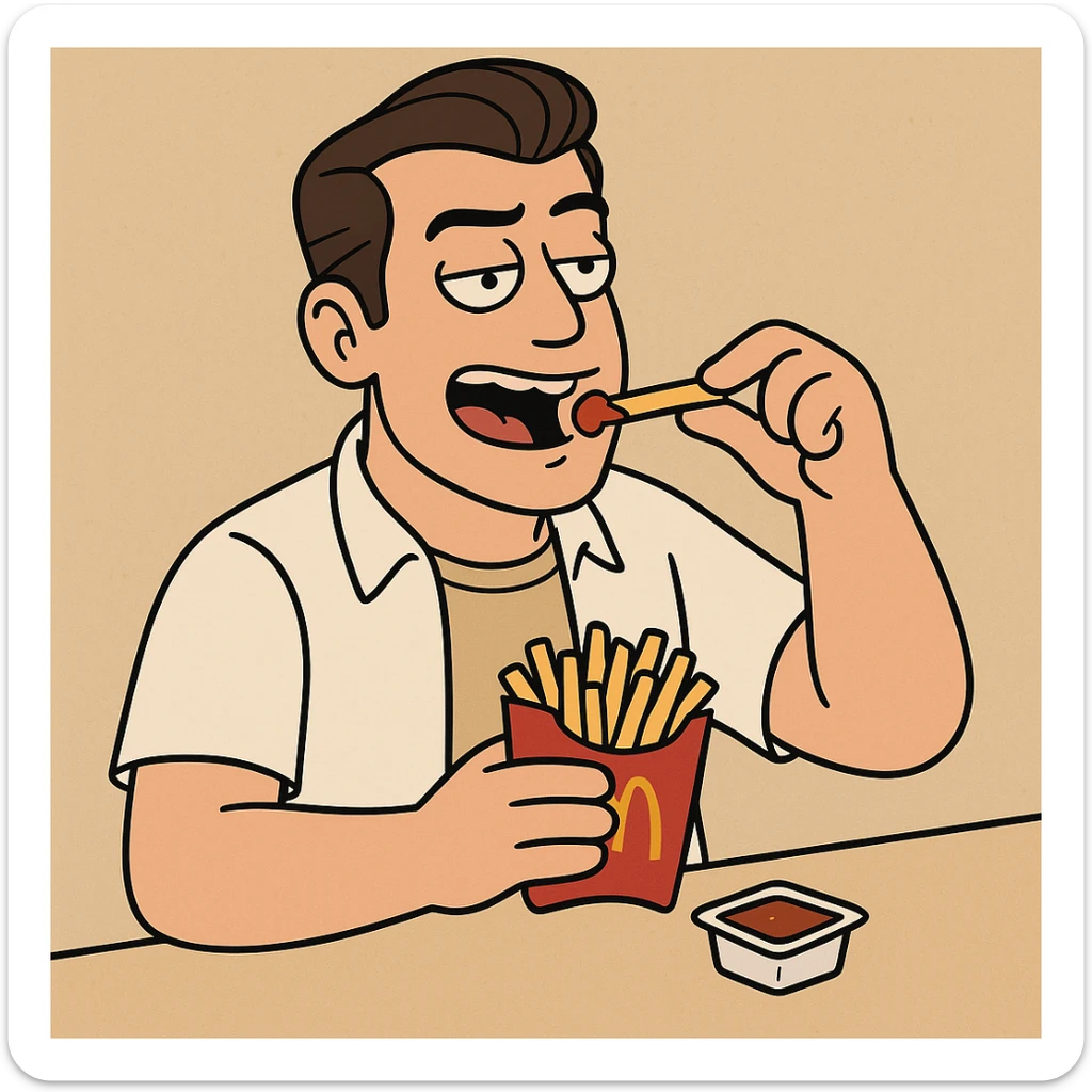 Side oil head brown hair white shirt beige shirts  eating mcdonalds fries some sauce sticker