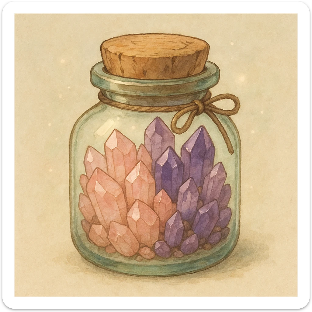 amethyst and rose quartz crystal pieces in a jar, natural colors, soft, fairy-like atmosphere, no background, square size sticker