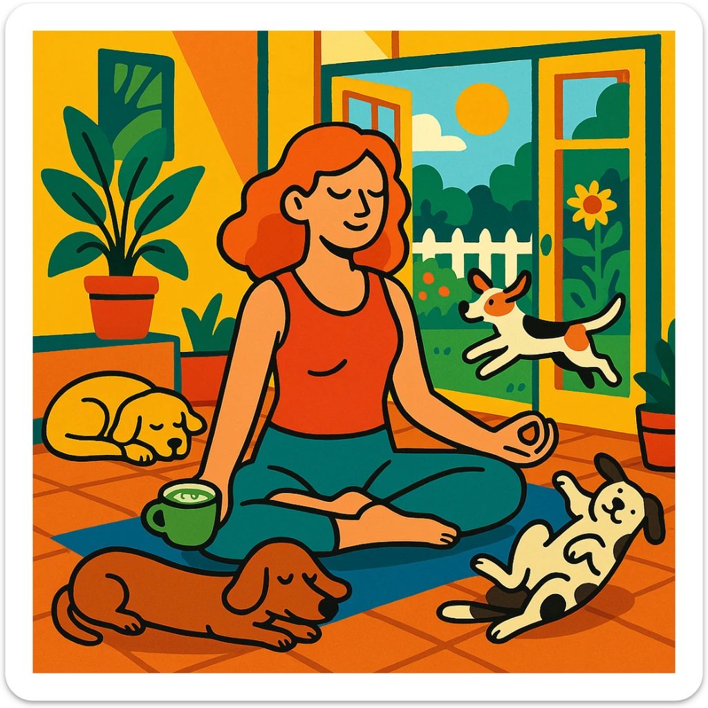 woman in a sunlit house with a garden, doing yoga, sipping matcha latte, dogs lounging and playing sticker