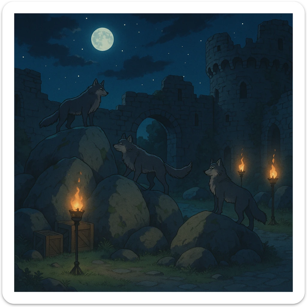 midnight within the ruins of abandoned castle yard, protrude boulders with climbing wolves, amid iron torches and crates tucked behind sticker