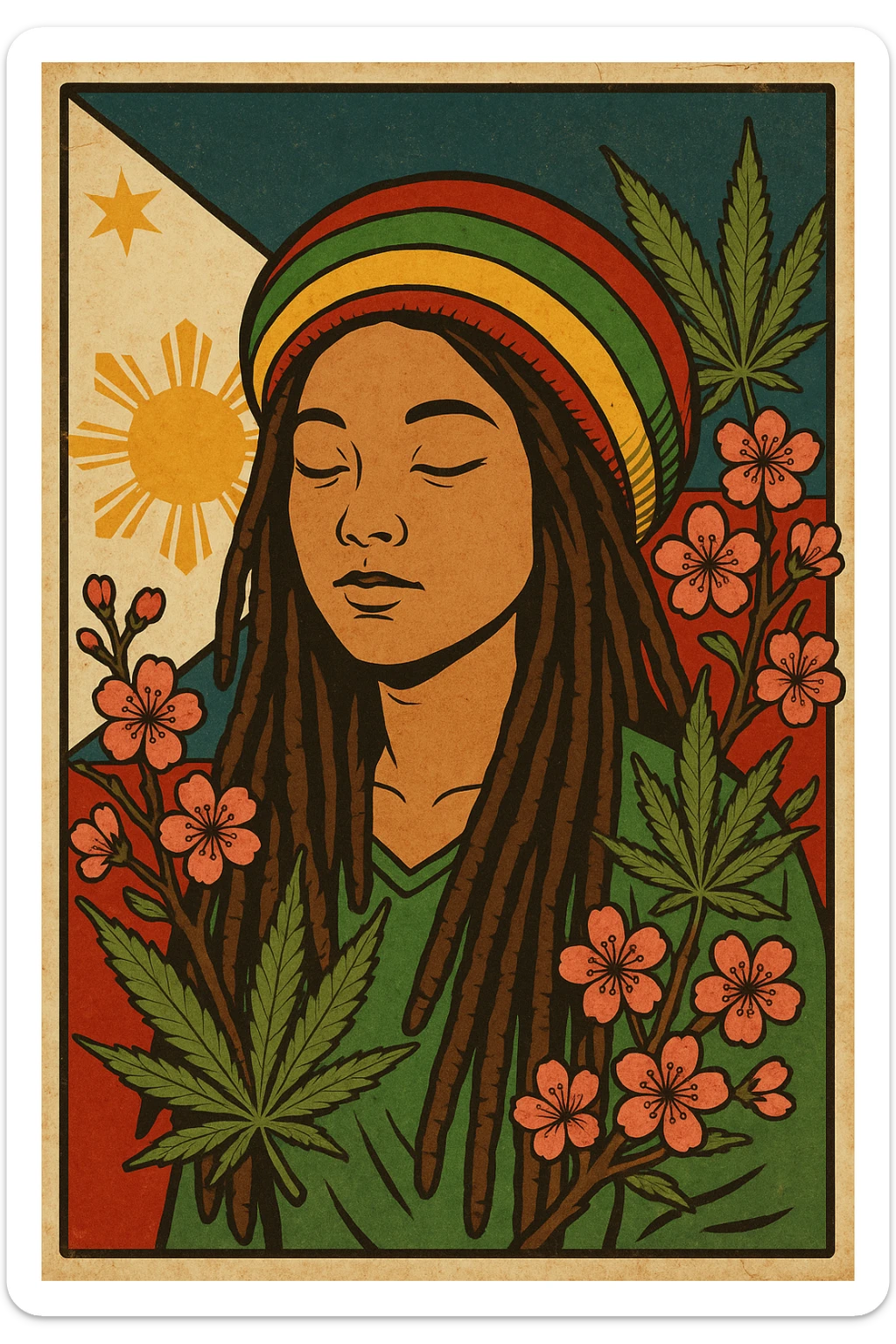 Vintage poster of an Asian Rasta woman with long dreadlocks, peaceful eyes, and a red-gold-green tam. Surrounded by cherry blossoms and ganja leaves. Background Asian flag. Retro reggae fusion vibe, with bold lines and aged paper texture. Philippines with the actual flag
 sticker