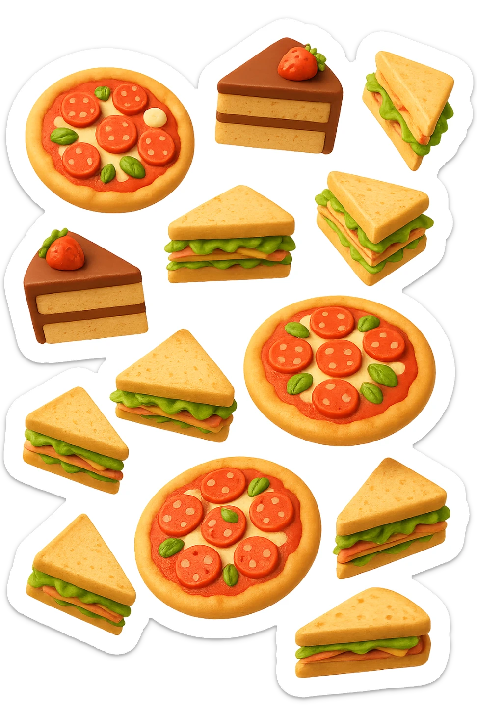 pizzette, fette di torta e panini, fluttuano in aria in 3d, sfondo bianco sticker