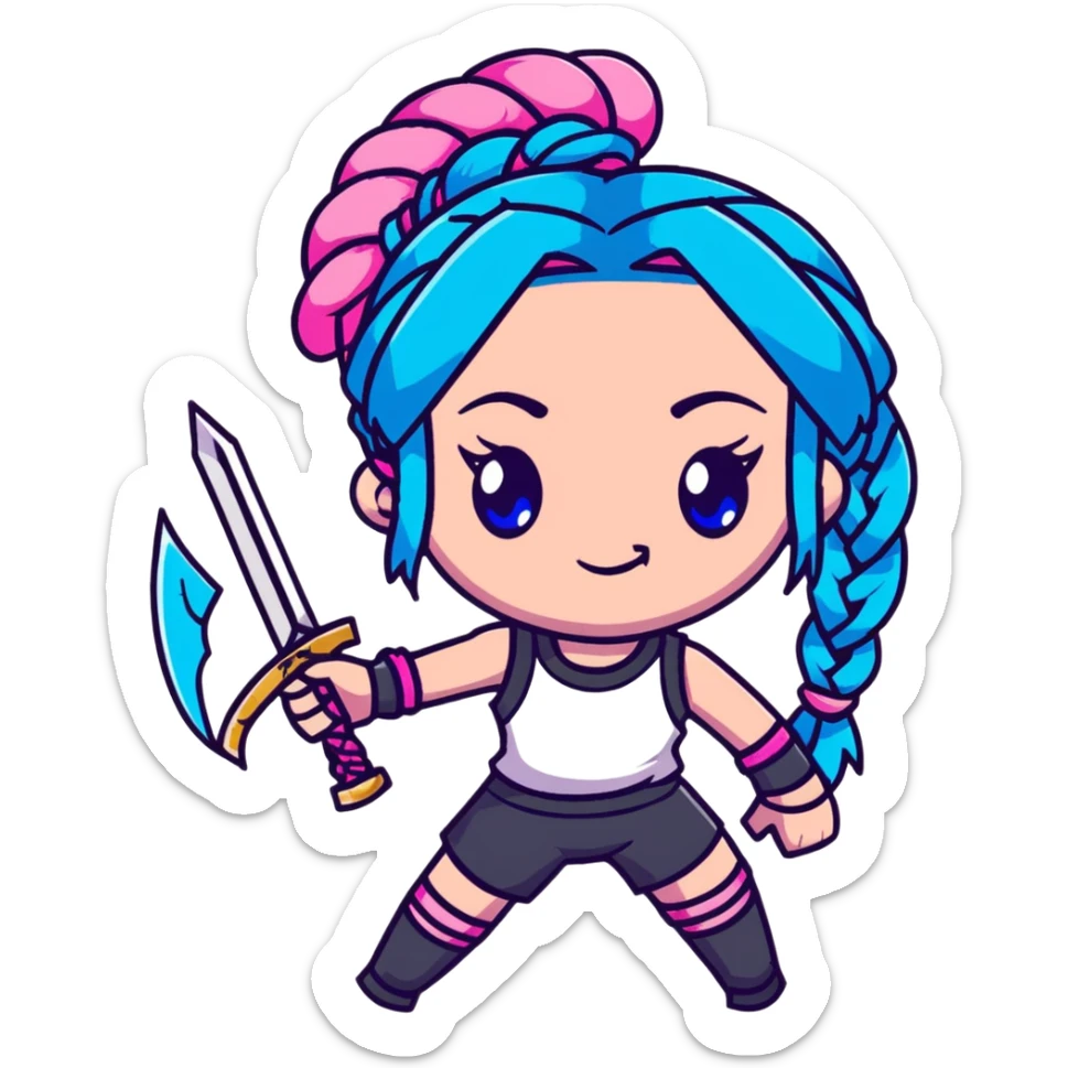 Jinx from League of Legends with long blue braids, pink eyes, and weapons sticker