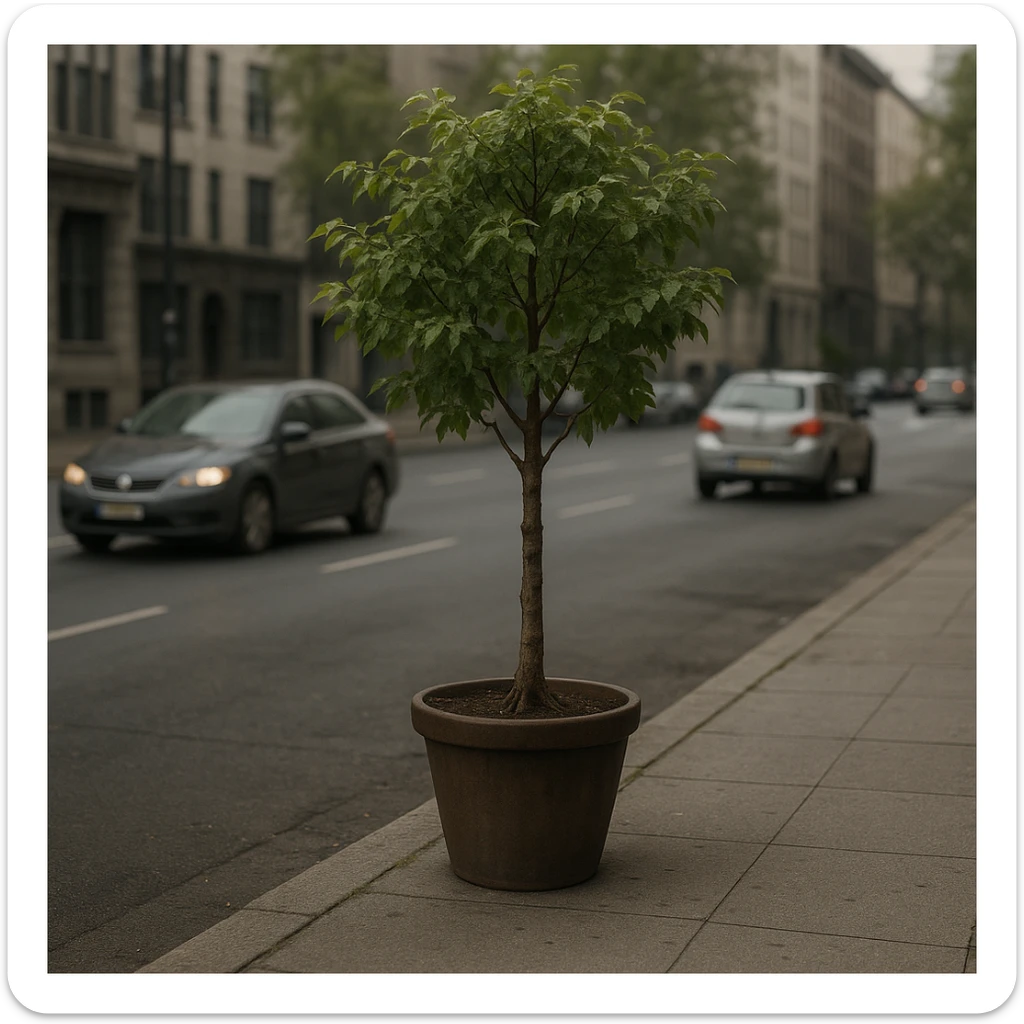 a potted tree on a city sidewalk, separated from the road by a curb, with cars passing by, evoking a sense of loneliness, urban setting, realistic style sticker