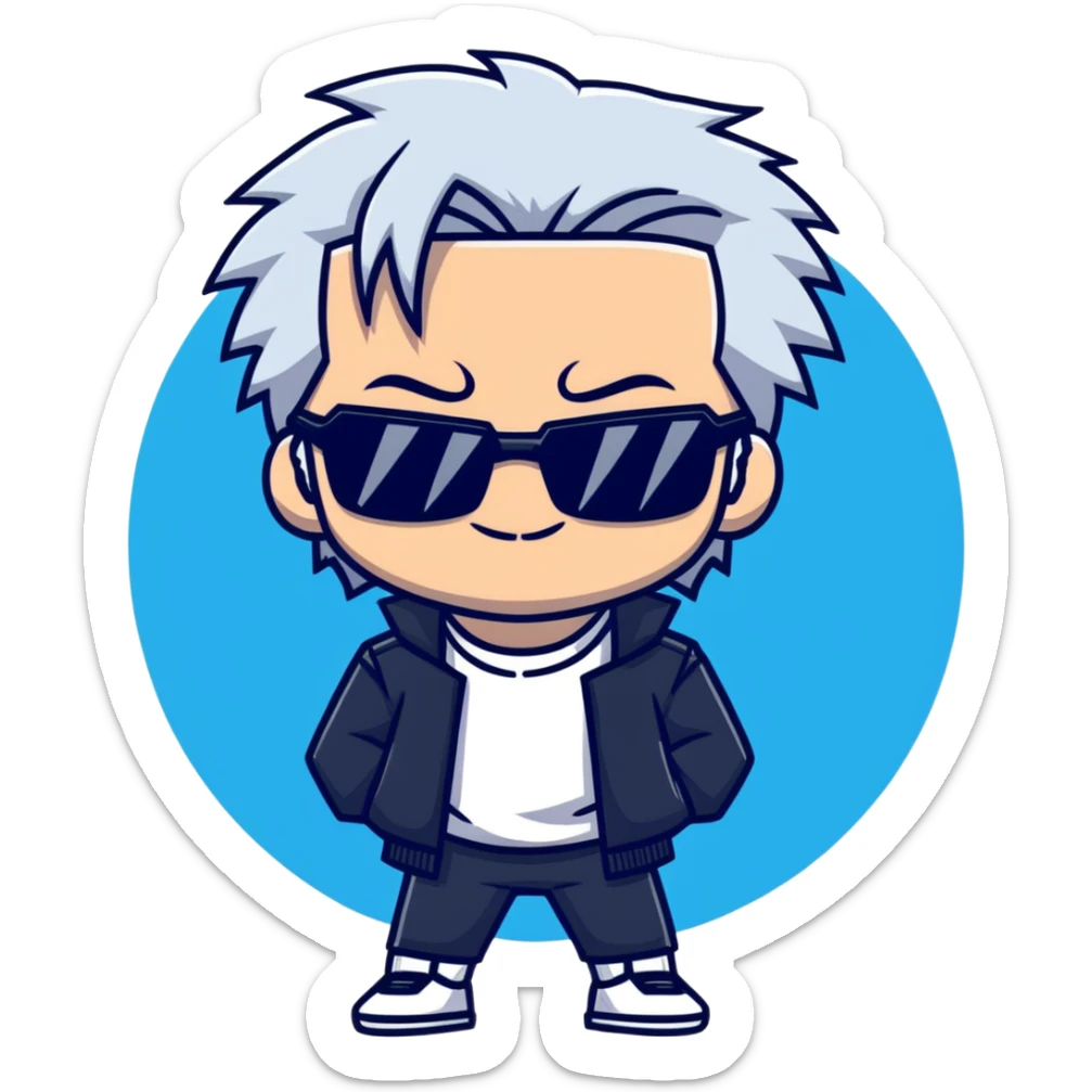 Satoru Gojo from Jujutsu Kaisen, white hair, dark sunglasses, confident smirk, blue eyes, chibi face proportions, energetic expression sticker