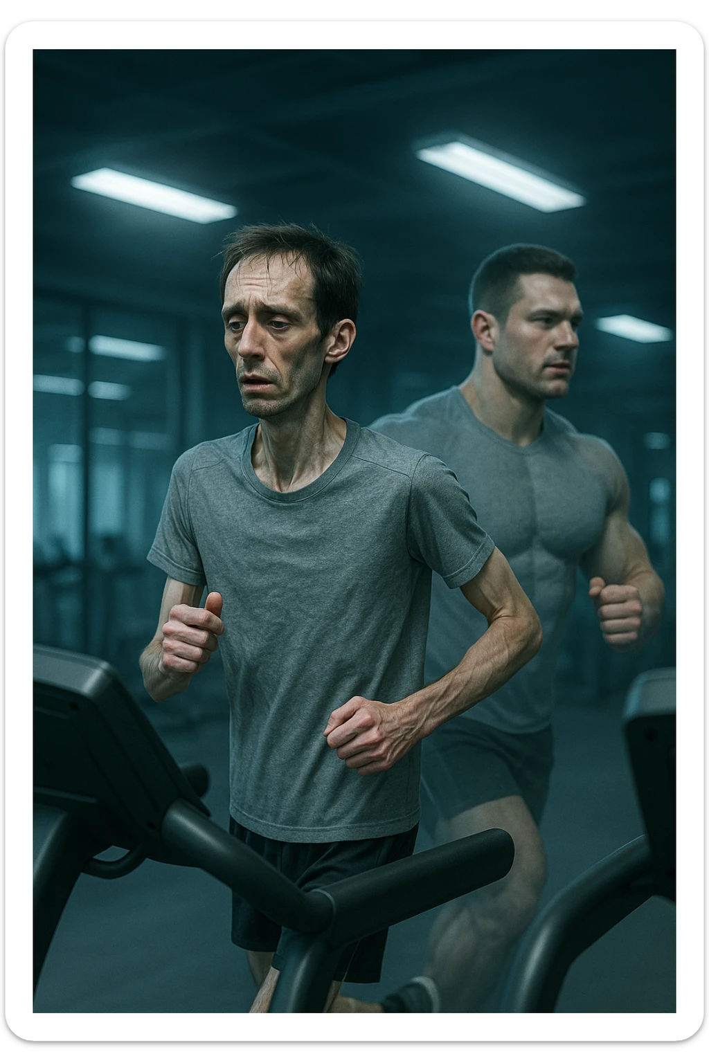 Uomo magro e affaticato che corre su tapis roulant in una palestra. I muscoli delle braccia e delle gambe appaiono ridotti e svuotati, come se stesse perdendo massa muscolare. Espressione stanca sul volto, con accanto una figura trasparente di sé stesso più muscolosa a confronto. Luci fredde e atmosfera di sovrallenamento. in italiano sticker