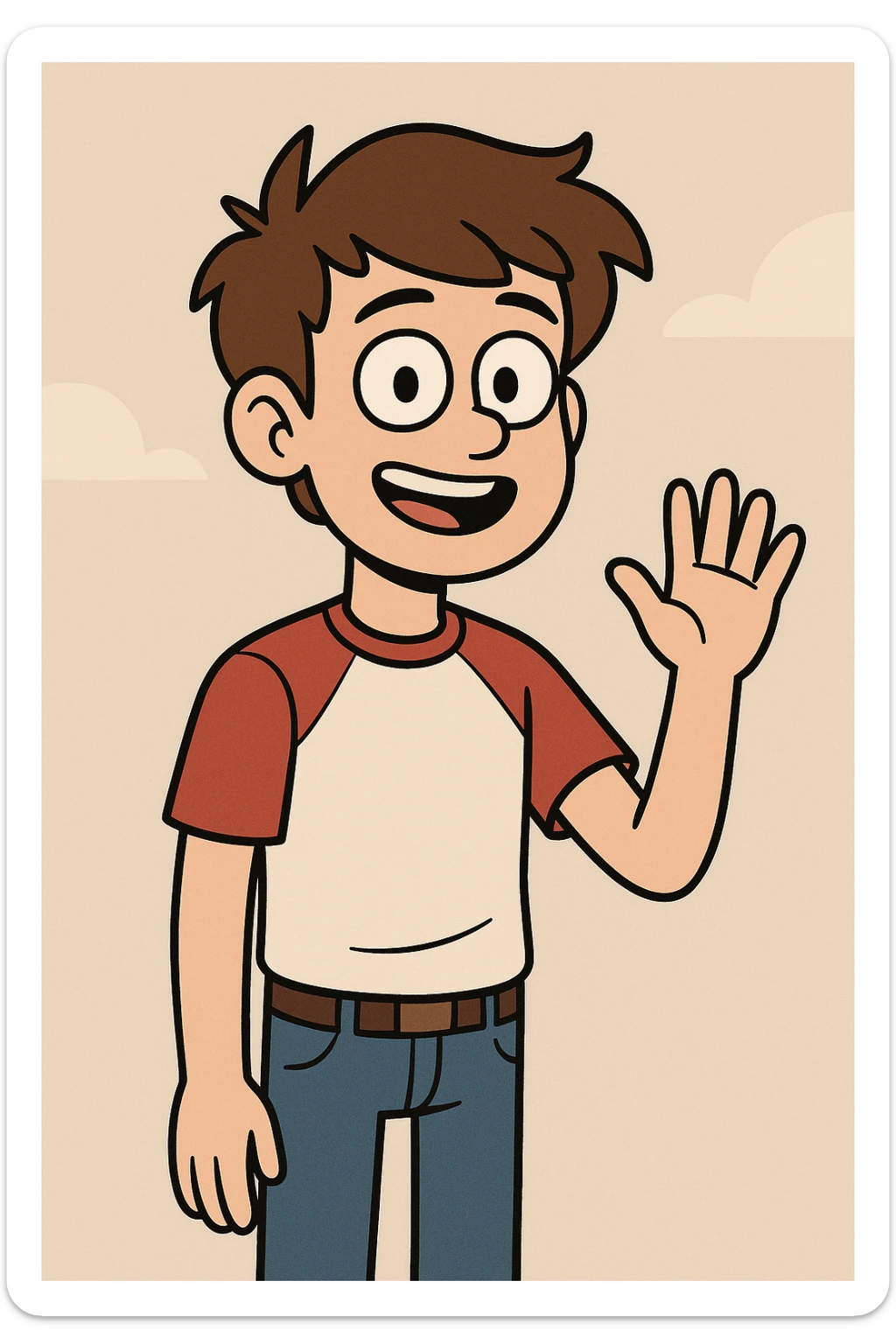 A boy brown hair black eyes red white shirt blue jeans a hand hello  sticker