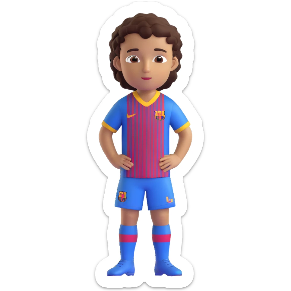 avatar of a young footballer inspired by Lamine Yamal, blue and red striped Barcelona kit, youthful features, short curly hair, brown eyes, confident expression sticker