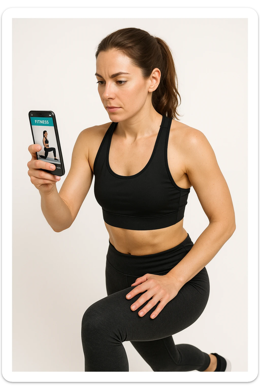 donna su sfondo isolato che fa workout tramite app fitness. in italiano sticker