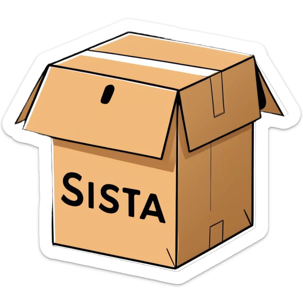 cardboard box with the word SISTA printed on it, clear and legible, cartoon sticker style sticker