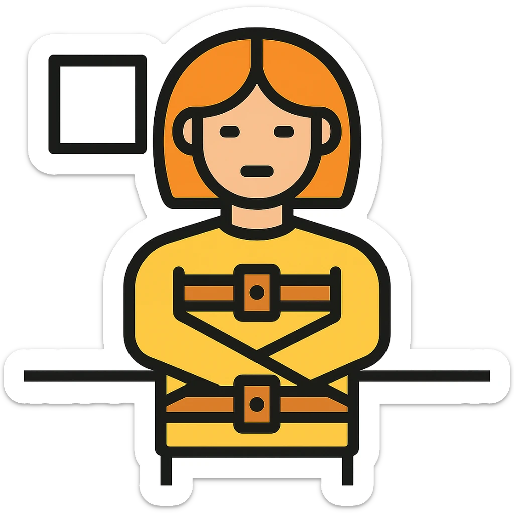 Add a simple room background to the woman in a straitjacket in color outline icon style. sticker