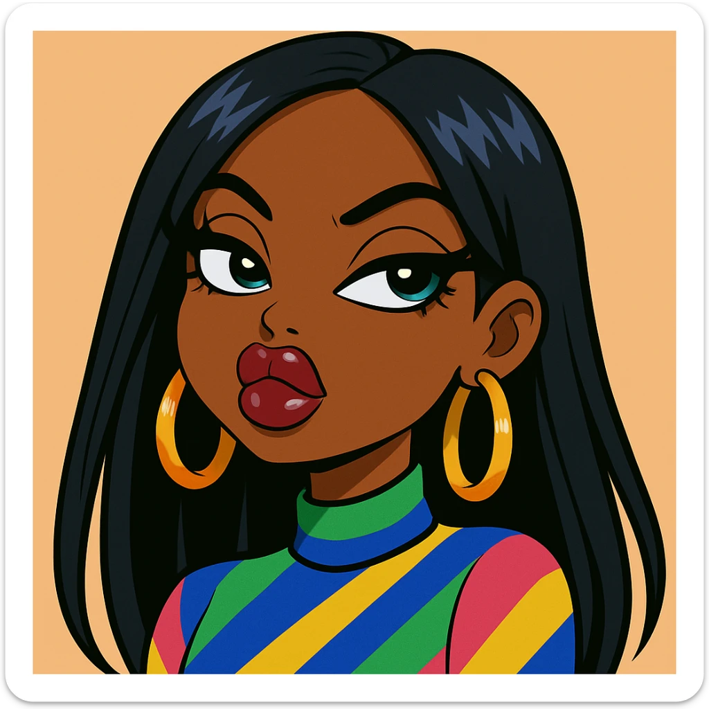 Headshot only of a 20-year-old anime Bratz style woman with dark skin and straight hair, wearing a bold colorful fashion-forward look. She has big expressive eyes, glossy lips, no hat, no tears, and a confident, aloof expression with a snooty attitude and her nose turned up. sticker