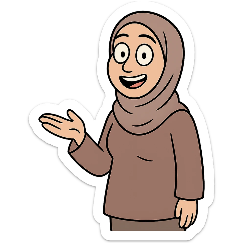 hijabi woman with medium fair skin, smiling, cartoon style sticker